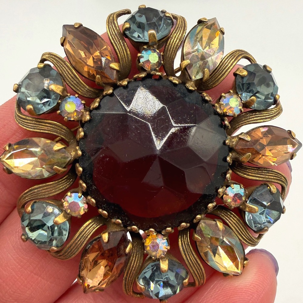 Vintage Signed WEISS Root Beer Amber Blue AB Rhinestone Brooch Pin 2.25"
